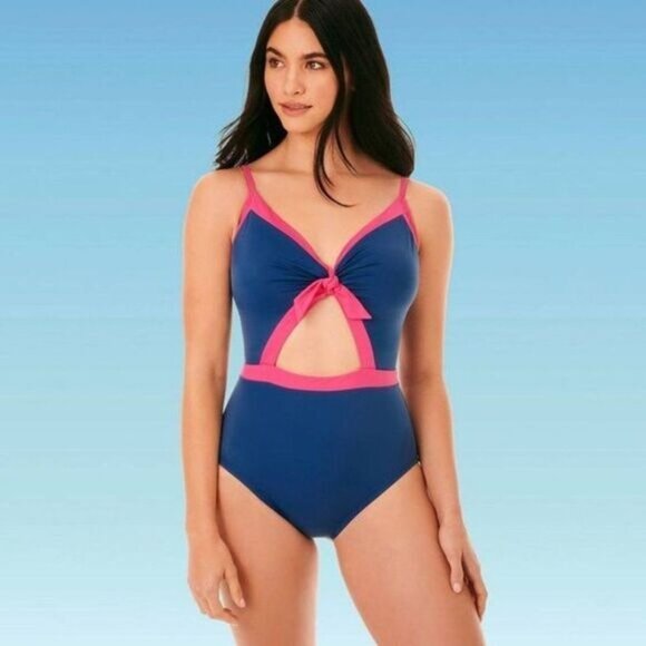 Women's Retro Slimming Control Tie-Front Cut Out One Piece Swimsuit bathing suit - Picture 1 of 7